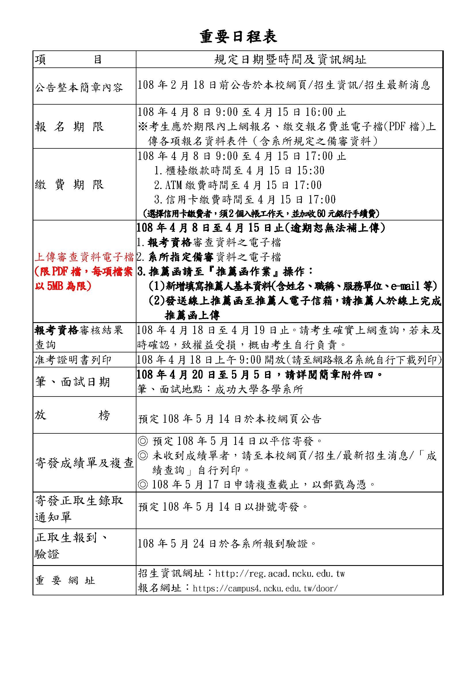 重要日程表